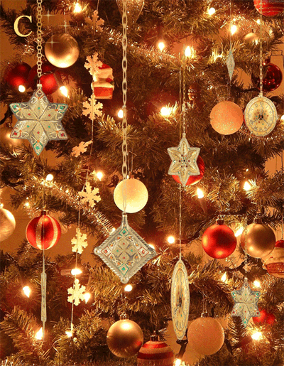 Новогодние игрушки на елке~Анимационные блестящие открытки GIF
