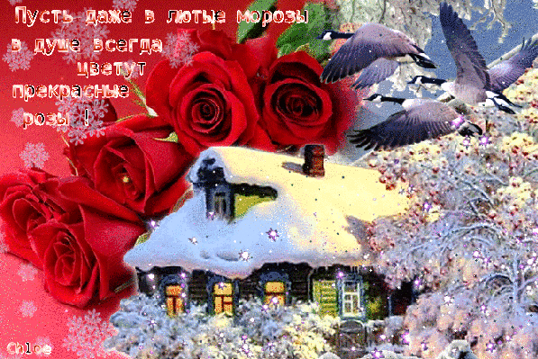 Домик зимний в прекрасных розах - Другу, подруге открытки и картинки