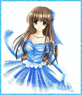 Аниме брюнетка в голубом пышном платье~Анимационные блестящие открытки GIF