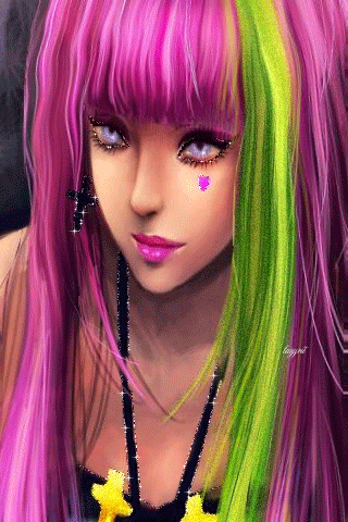 Аниме девушка с фиолетово-зелёными волосами~Анимационные блестящие открытки GIF