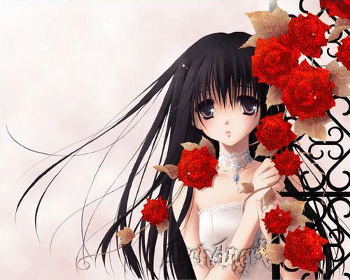 Аниме и алые розы~Анимационные блестящие открытки GIF