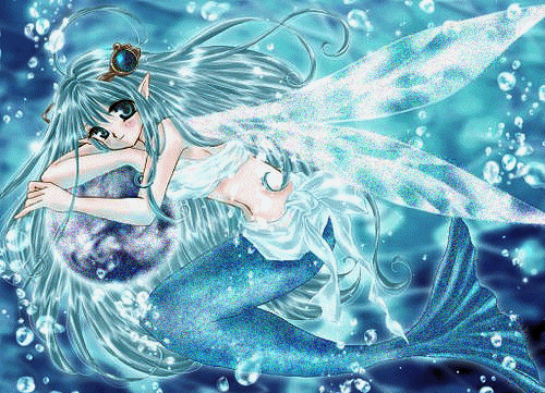 Аниме красивая русалка с длинным синим хвостом~Анимационные блестящие открытки GIF