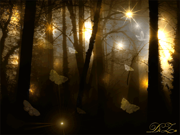 Деревья в темном лесу~Анимационные блестящие открытки GIF