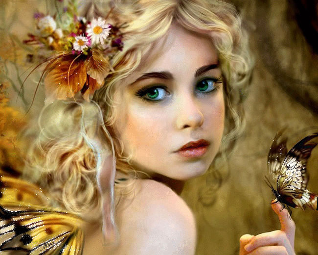 Юная красавица с зелеными глазами~Анимационные блестящие открытки GIF