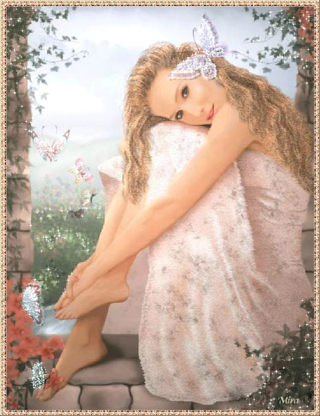 Девушка в розовом платье~Анимационные блестящие открытки GIF