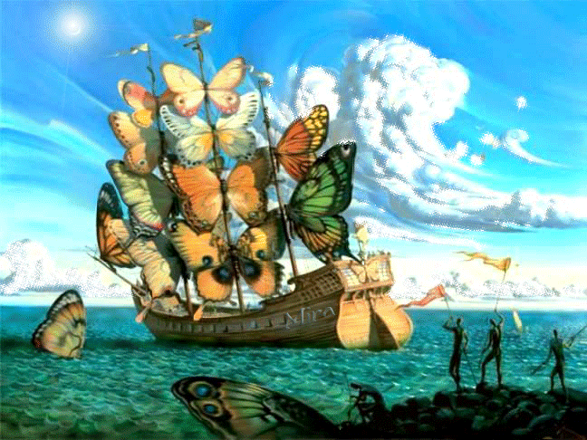 Корабль с парусами в виде бабочек~Анимационные блестящие открытки GIF