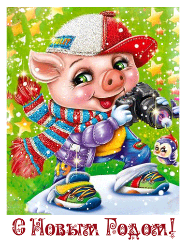 Новогодняя свинья~Анимационные блестящие открытки GIF