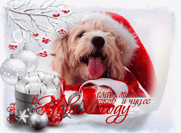 Год собаки открытка новогодняя~Анимационные блестящие открытки GIF