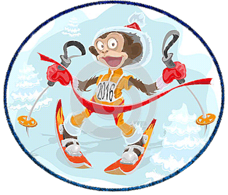 Забавная новогодняя обезьяна на лыжах~Анимационные блестящие открытки GIF