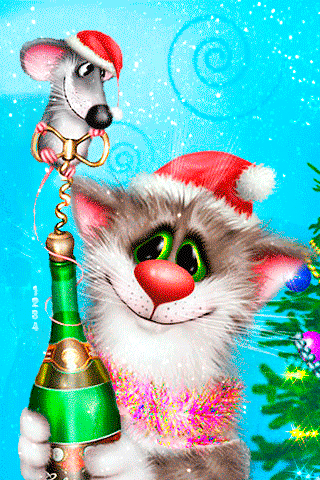 Прикольная новогодняя мышь и кот~Анимационные блестящие открытки GIF