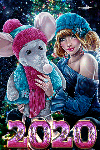Гифка с Крысой и девушкой~Анимационные блестящие открытки GIF