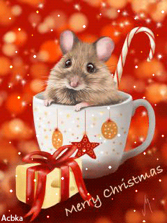 Прикольная новогодняя мышка~Анимационные блестящие открытки GIF