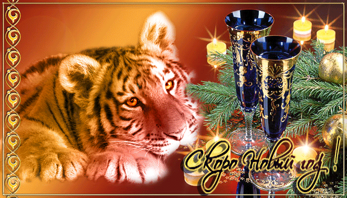 Скоро Новый Год Тигра~Анимационные блестящие открытки GIF