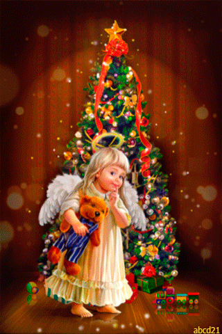 Ангелочек у новогодней ёлки~Анимационные блестящие открытки GIF