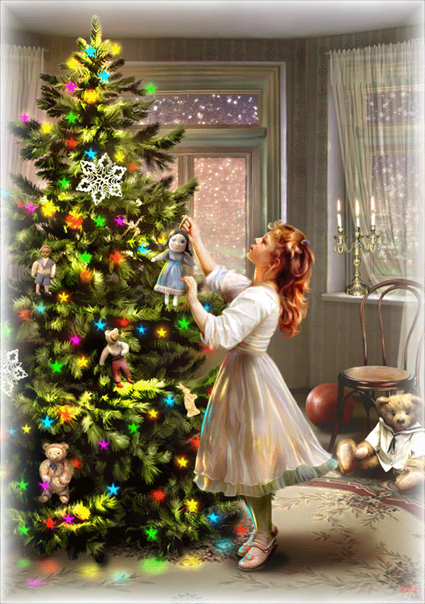 Девочка наряжает рождественскую елку - Детские на Новый год открытки и картинки