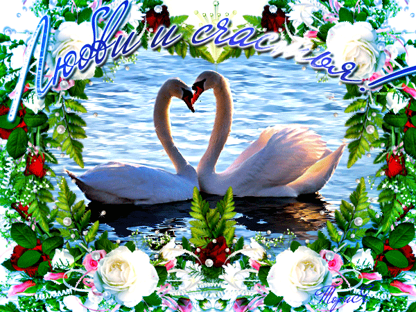 Любви и счастья,лебеди~Анимационные блестящие открытки GIF