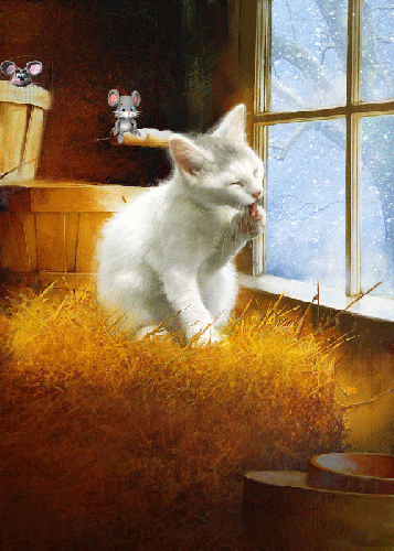 Белый анимированный котенок~Анимационные блестящие открытки GIF
