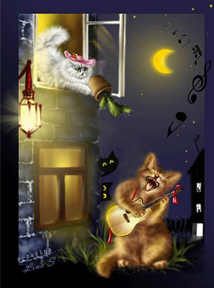 Мартовский кот ( серенада )~Анимационные блестящие открытки GIF