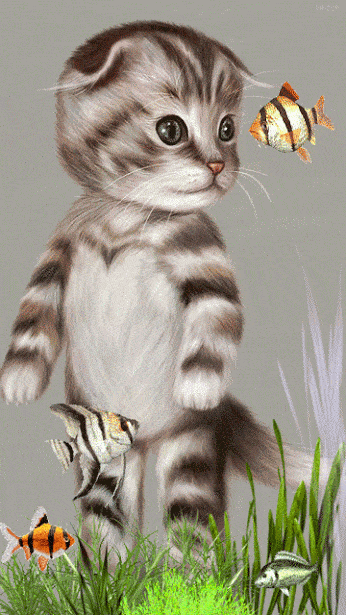 Котенок и рыбки~Анимационные блестящие открытки GIF
