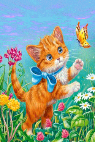 Котёнок играет с бабочкой~Анимационные блестящие открытки GIF