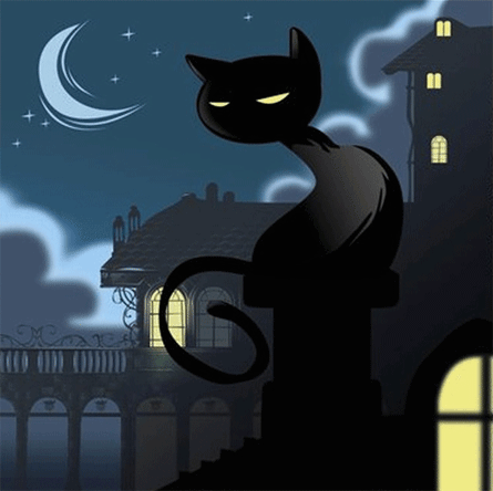 Лунный кот на крыше~Анимационные блестящие открытки GIF