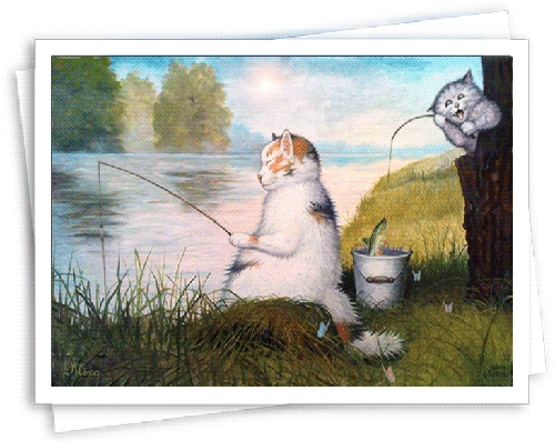 Кот рыболов~Анимационные блестящие открытки GIF