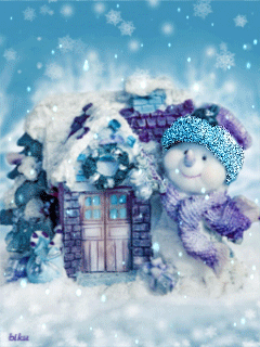 Домик снеговика~Анимационные блестящие открытки GIF
