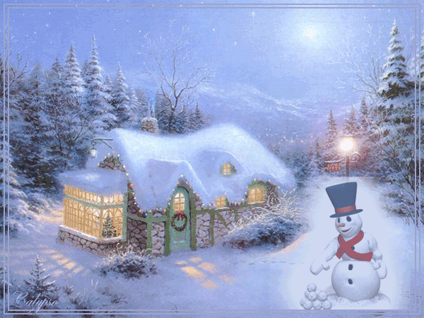 Зимняя анимашка - снеговик~Анимационные блестящие открытки GIF