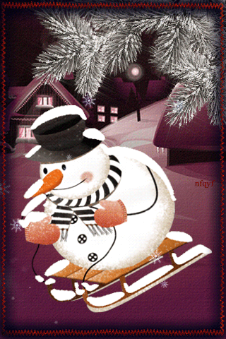 Снеговик на санках~Анимационные блестящие открытки GIF
