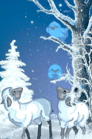 Овечки в зимнем лесу~Анимационные блестящие открытки GIF