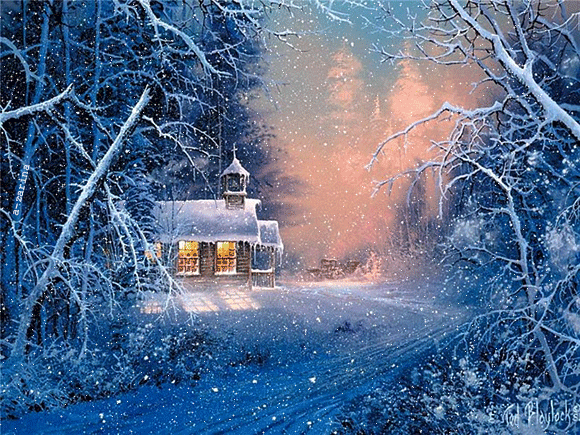 Часовня в зимнем лесу~Анимационные блестящие открытки GIF
