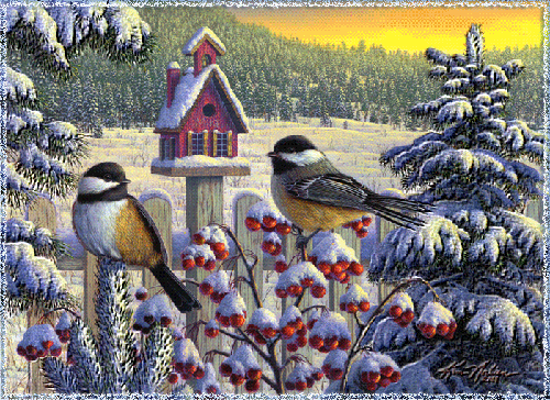 Синицы зимой~Анимационные блестящие открытки GIF