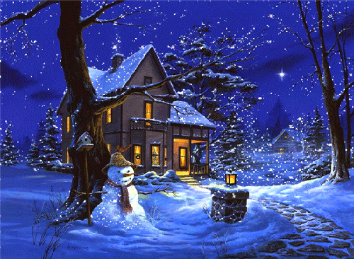 Зима, снеговик анимация~Анимационные блестящие открытки GIF