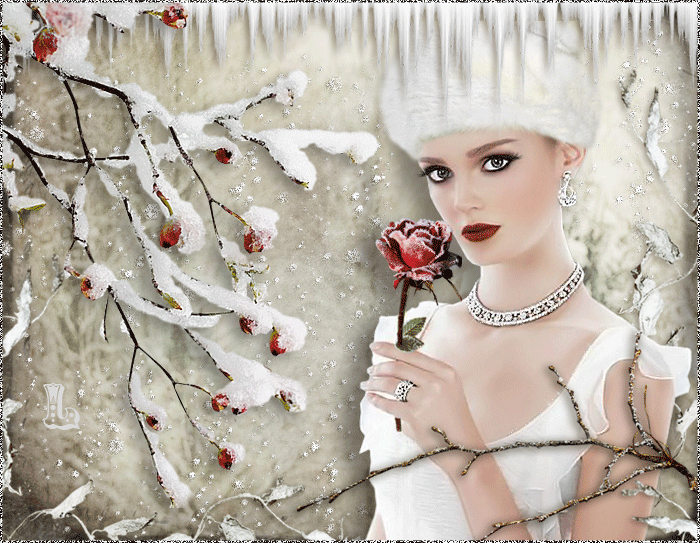 Зима, девушка и роза~Анимационные блестящие открытки GIF