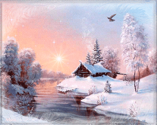 Зимнее утро~Анимационные блестящие открытки GIF