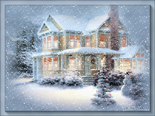 Зимний дом~Анимационные блестящие открытки GIF