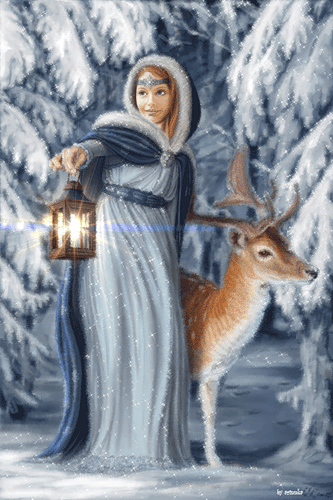 В зимнем сказочном лесу~Анимационные блестящие открытки GIF