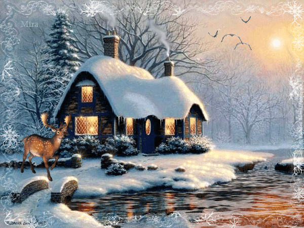 Зимний дом~Анимационные блестящие открытки GIF
