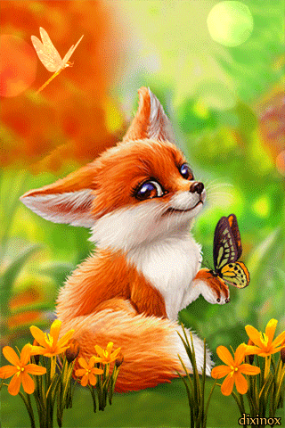Лисенок с бабочкой~Анимационные блестящие открытки GIF