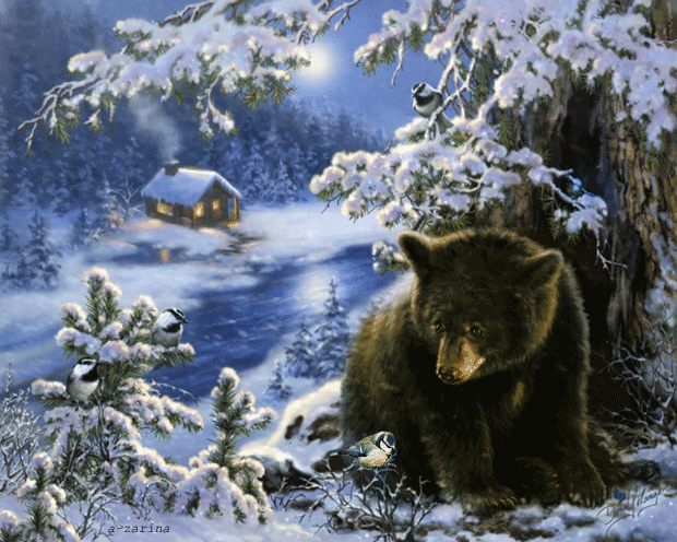 Медведь и синичка~Анимационные блестящие открытки GIF