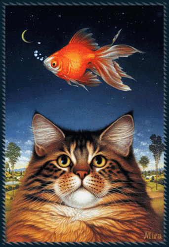 Кот и золотая рыбка~Анимационные блестящие открытки GIF