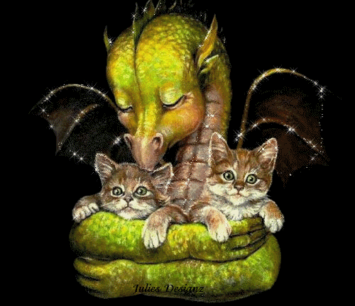 Дракончик и котята~Анимационные блестящие открытки GIF
