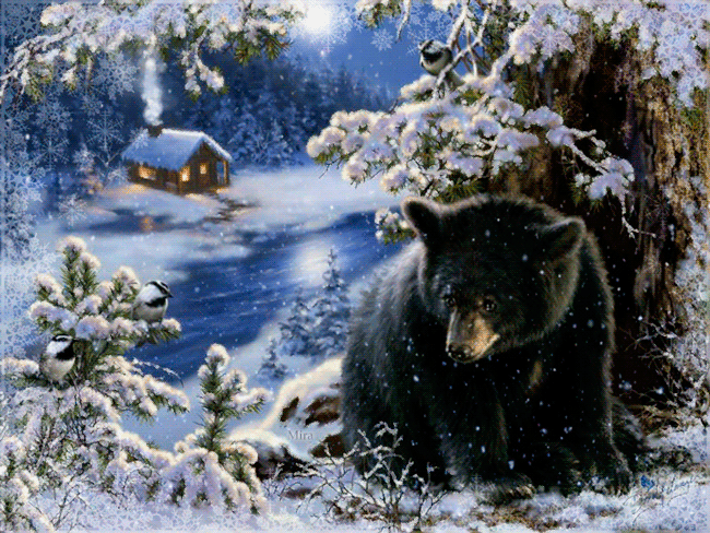 Медведь в зимнем лесу~Анимационные блестящие открытки GIF