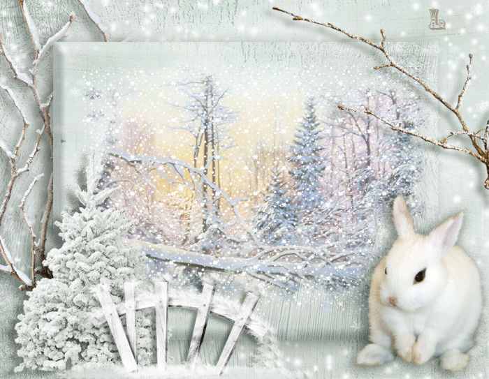 Белый заяц в зимнем лесу~Анимационные блестящие открытки GIF