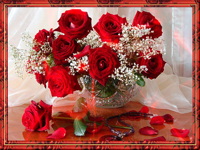 Розы в хрустальной вазе~Анимационные блестящие открытки GIF