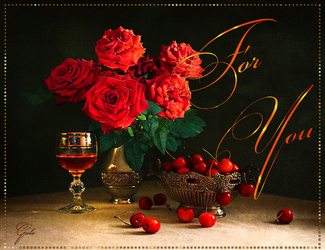 Натюрморт с красными розами~Анимационные блестящие открытки GIF