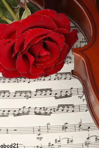 Красная роза и ноты~Анимационные блестящие открытки GIF