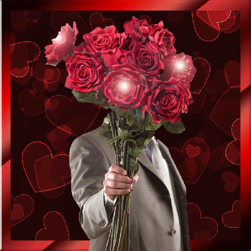 Мужчина с букетом роз~Анимационные блестящие открытки GIF