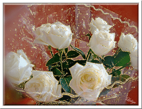 Блестящие, белые розы~Анимационные блестящие открытки GIF