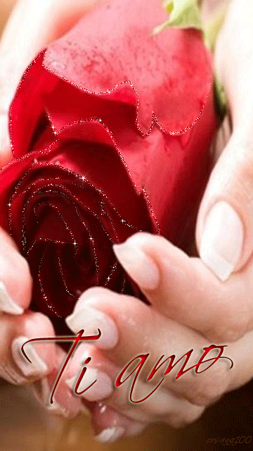 Алая роза в руках~Анимационные блестящие открытки GIF